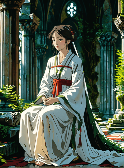 woman, ancient temple, column, fern, statue, moss, dress, flower, window, sacred