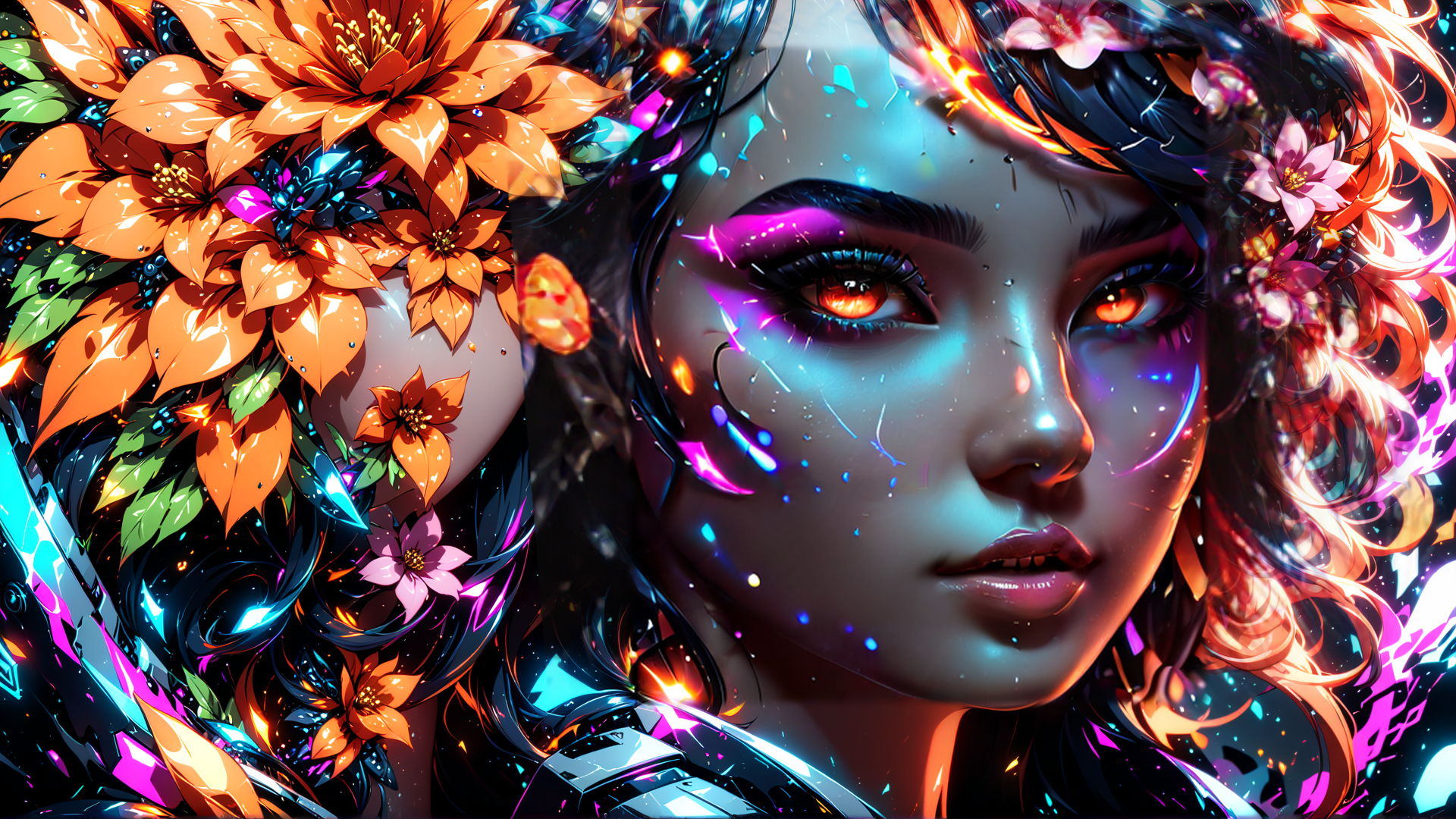 AI generated wallpaper featuring woman, flowers, neon