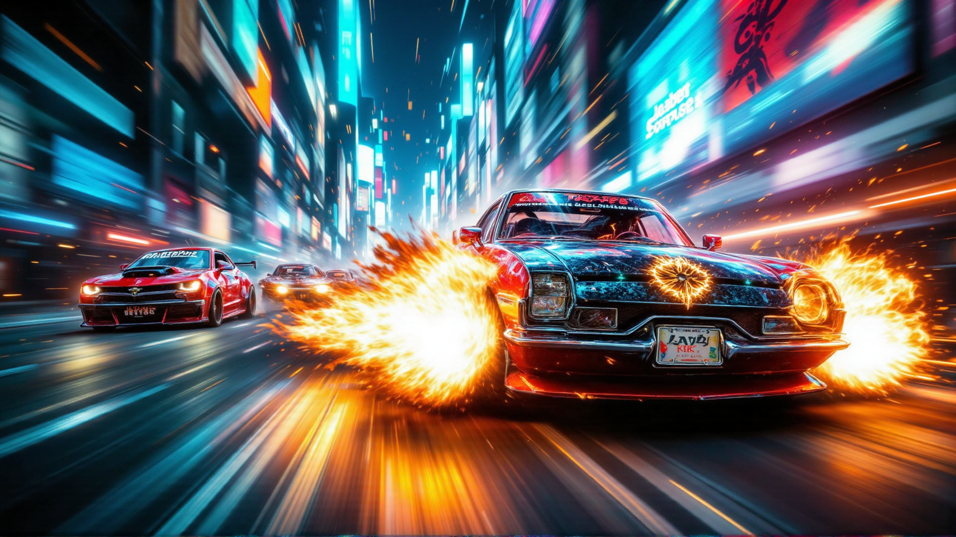 AI generated wallpaper featuring cars, street, neon
