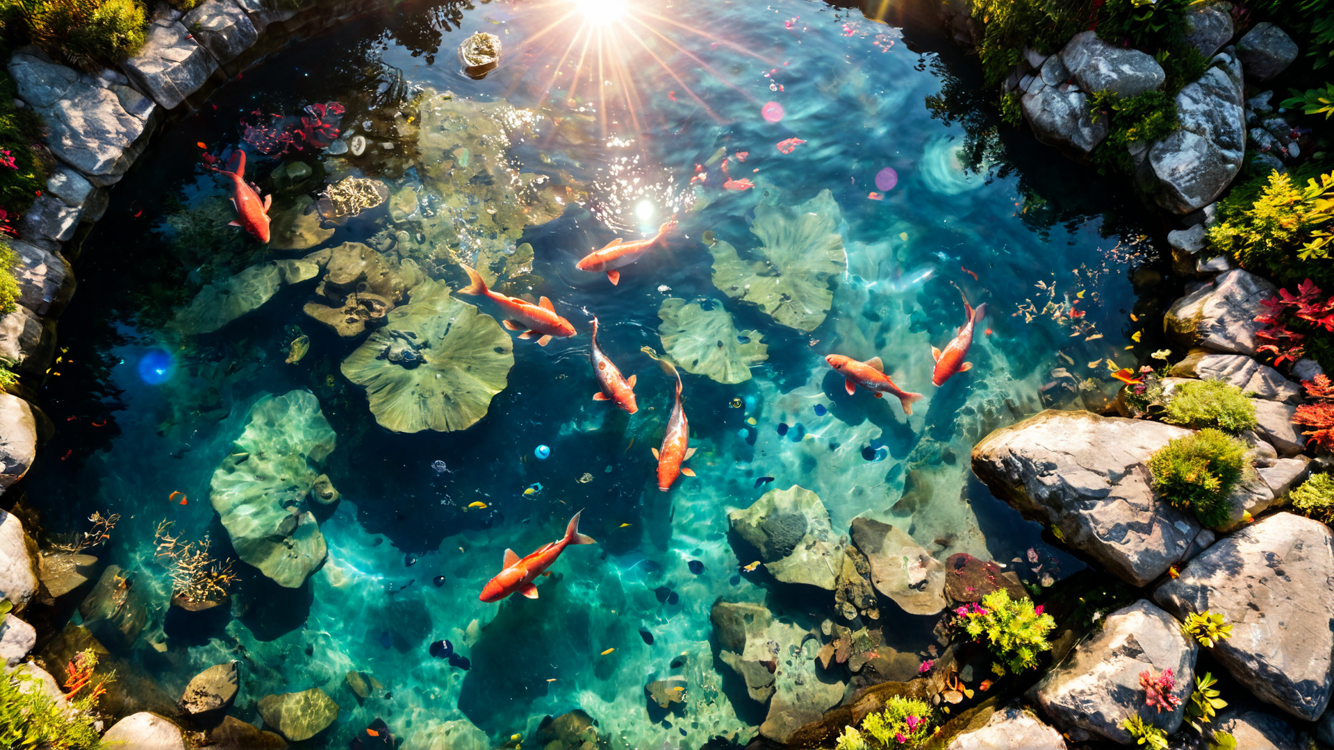 AI generated wallpaper featuring koi, pond, lotus