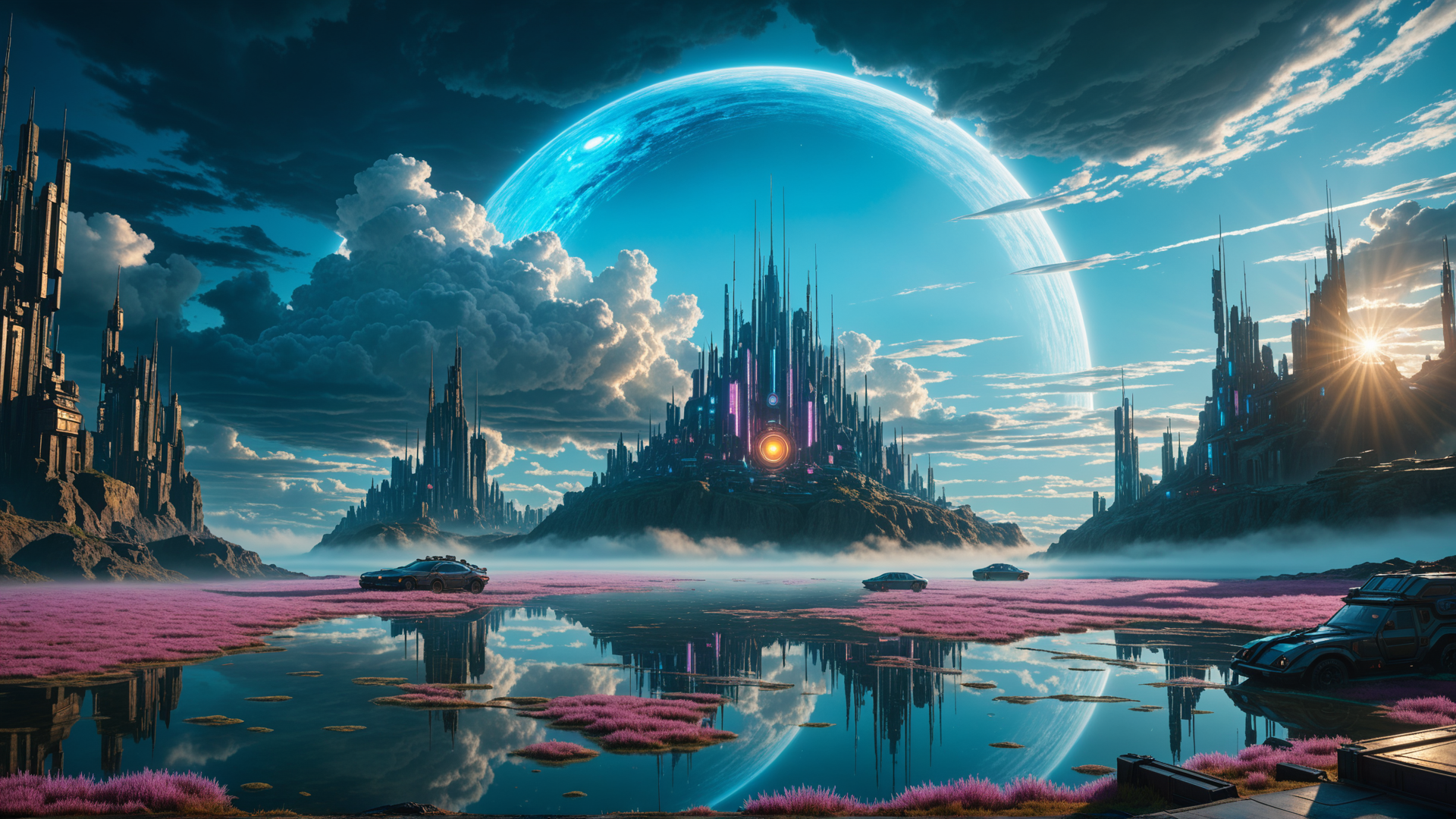 AI generated wallpaper featuring city, planet, cars