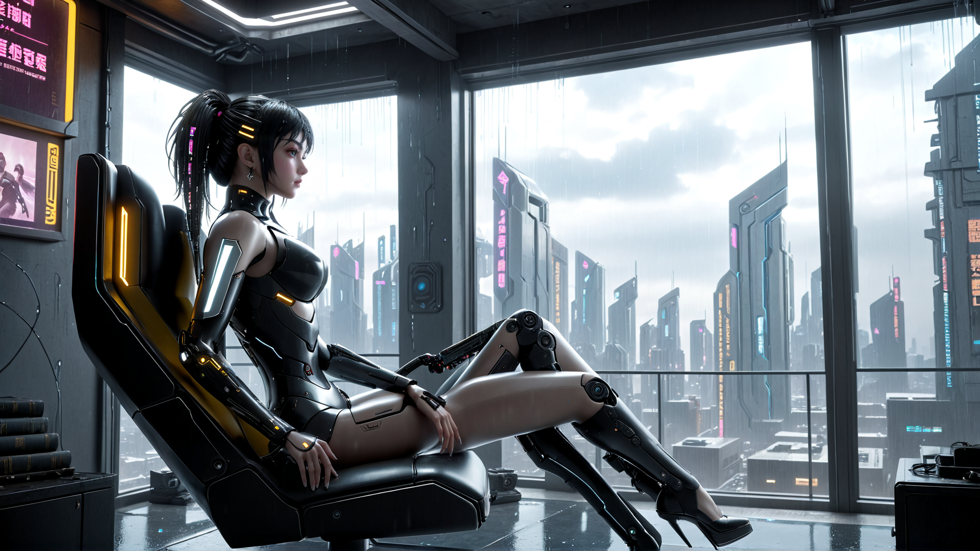 AI generated wallpaper featuring cyborg, woman, chair
