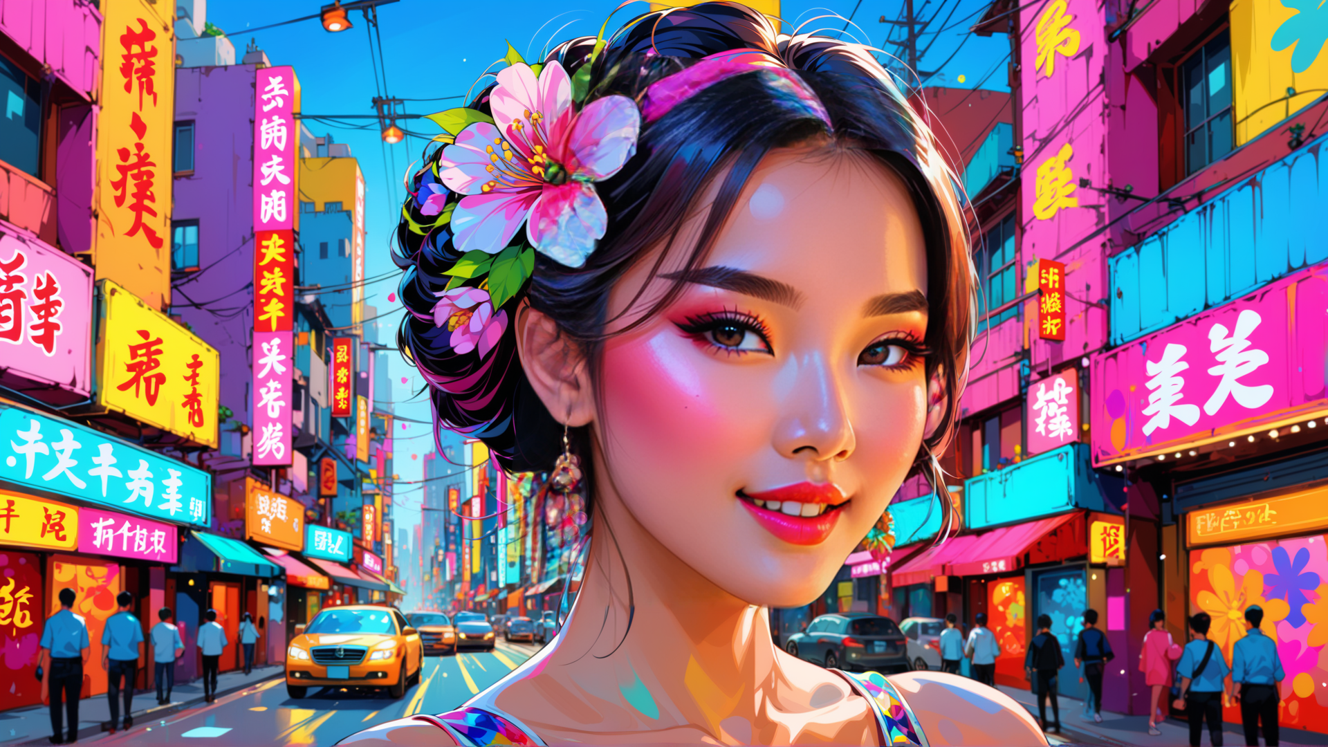 AI generated wallpaper featuring woman, city street, signs