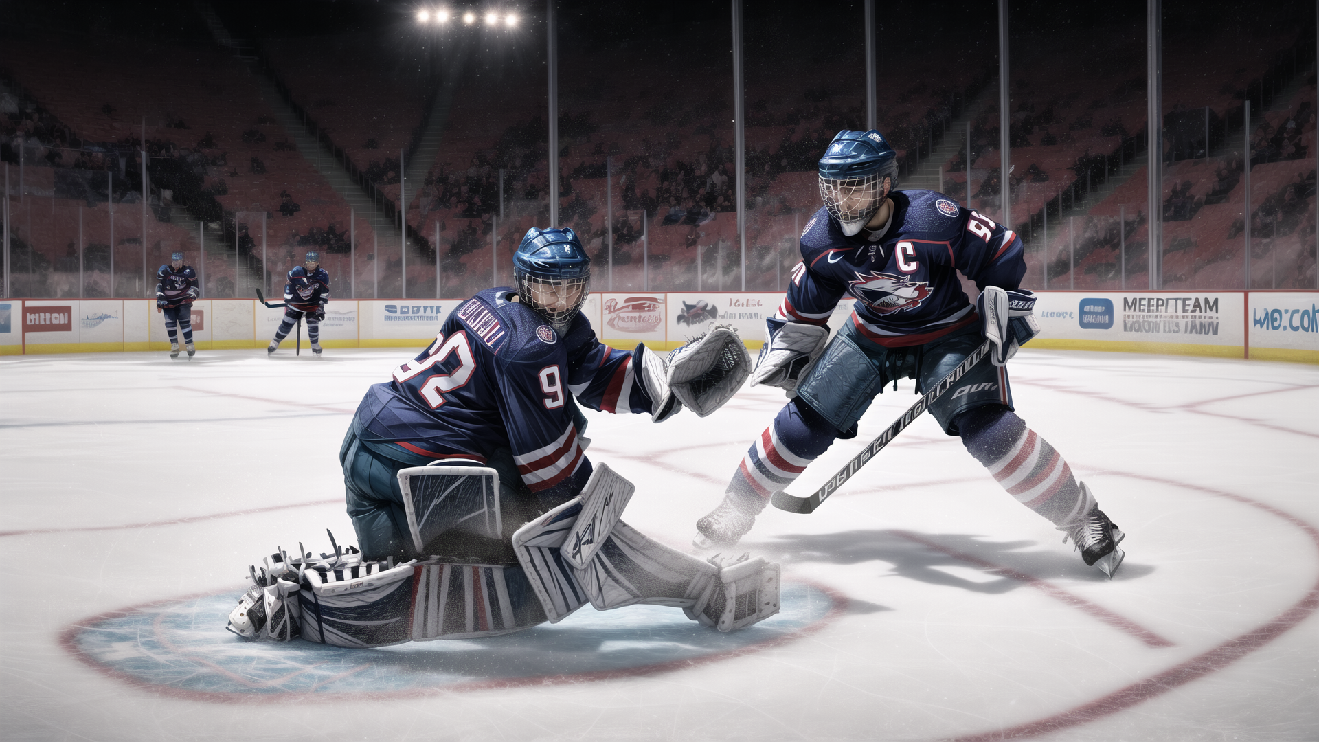 AI generated wallpaper featuring hockey, goalie, player, ice, rink, puck, uniform, helmet, sticks, team