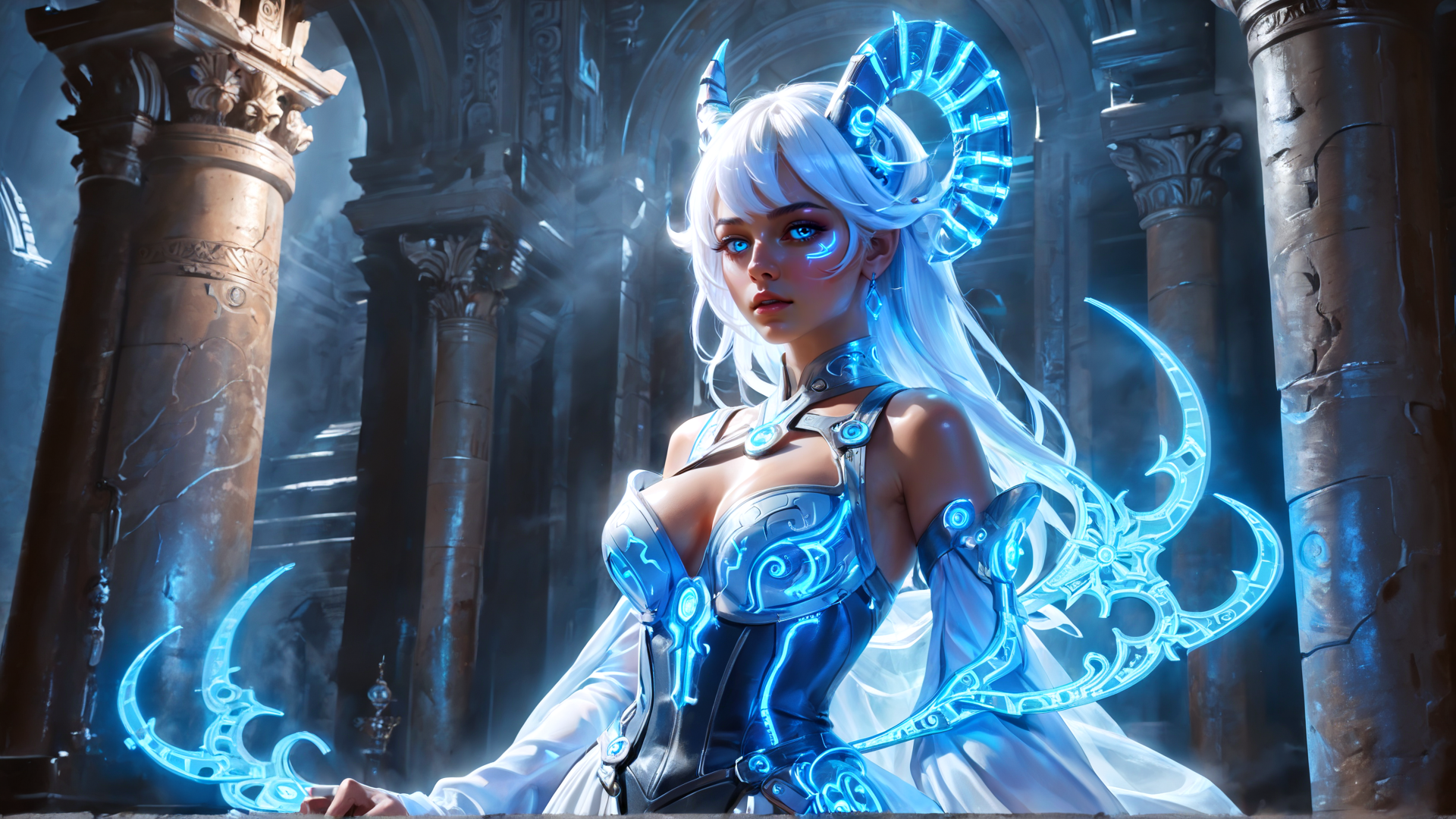 AI generated wallpaper featuring fembot, cyber, goddess, armor, angel, glowing, crown, swords