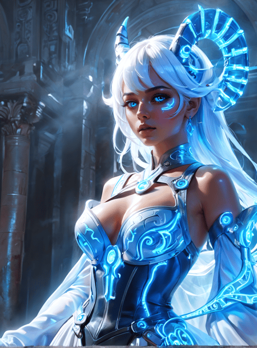 fembot, cyber, goddess, armor, angel, glowing, crown, swords