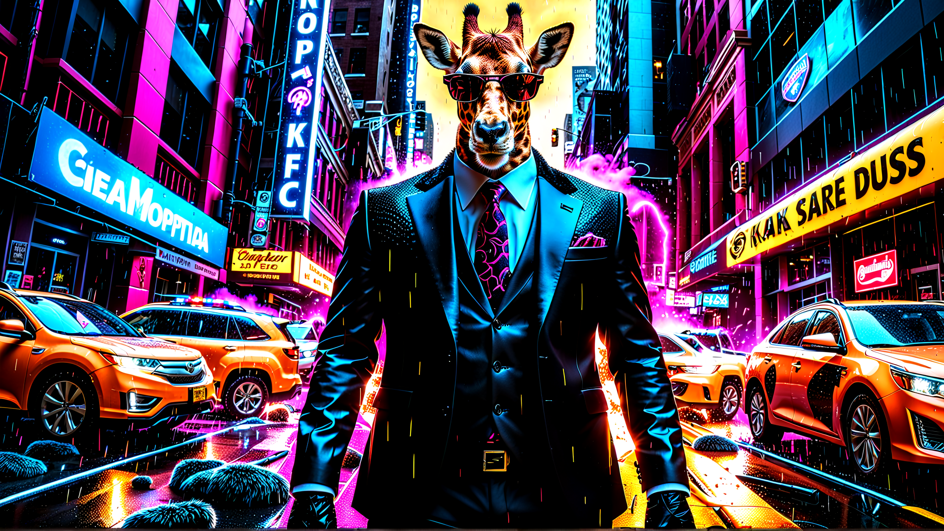 AI generated wallpaper featuring giraffe, suits, neon, city, cars