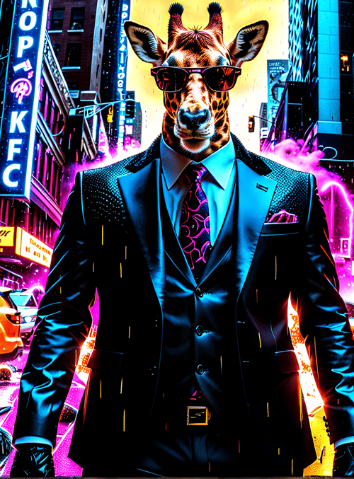 giraffe, suits, neon, city, cars