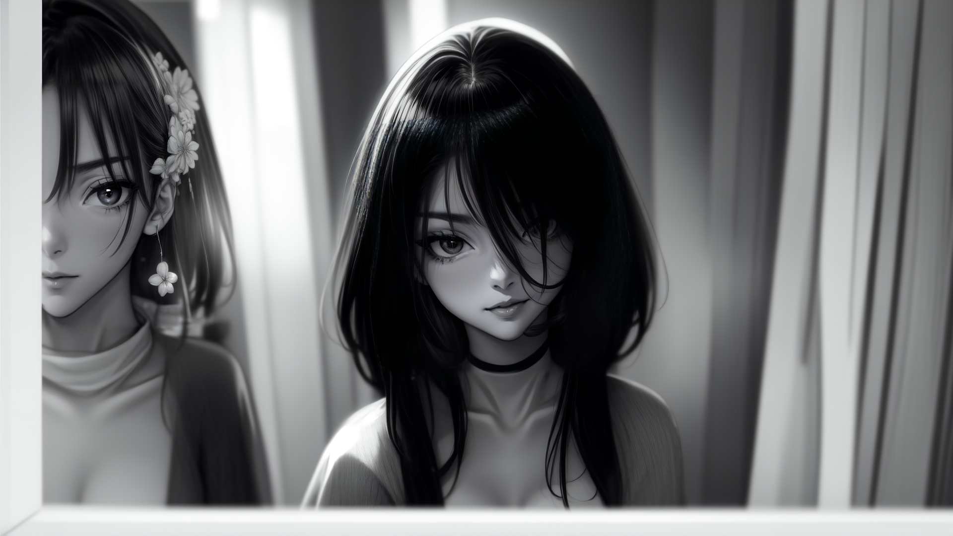 AI generated wallpaper featuring woman, mirror, flowers