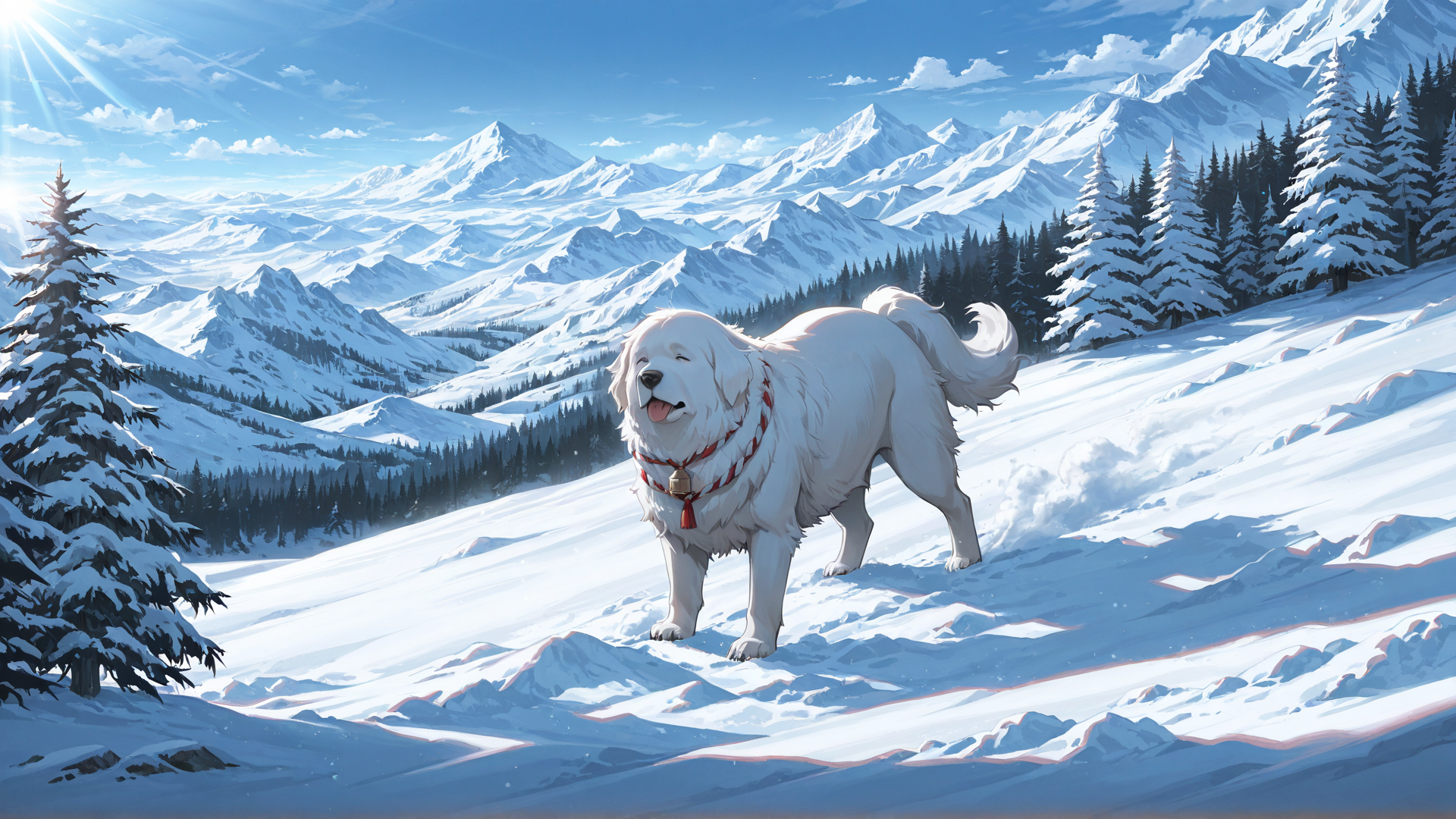 AI generated wallpaper featuring dog, mountains, trees, snow, sun