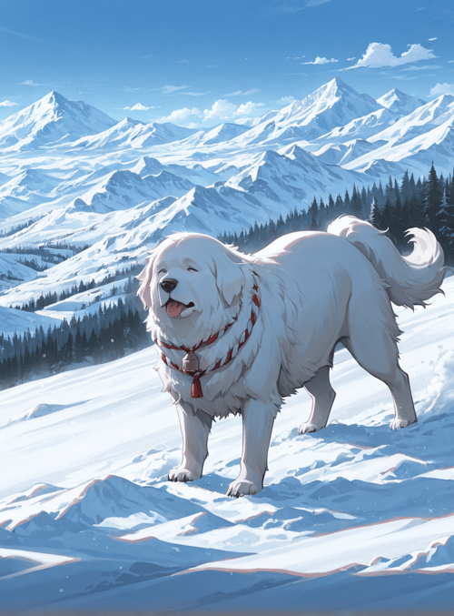 dog, mountains, trees, snow, sun