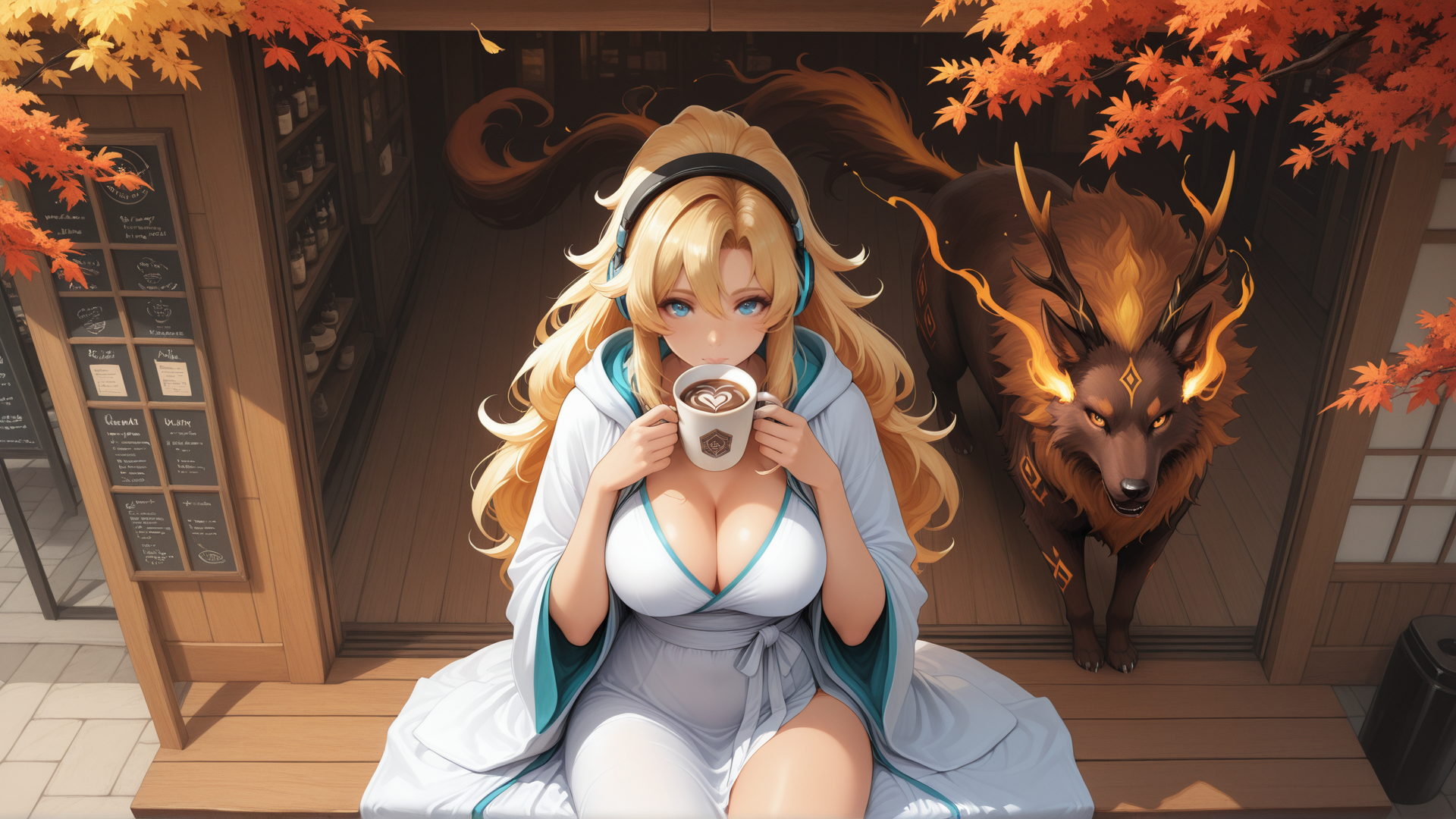 AI generated wallpaper featuring woman, wolf, coffee, headphones, maple leaves, cafe