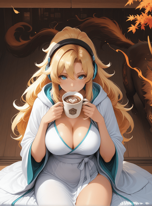 woman, wolf, coffee, headphones, maple leaves, cafe