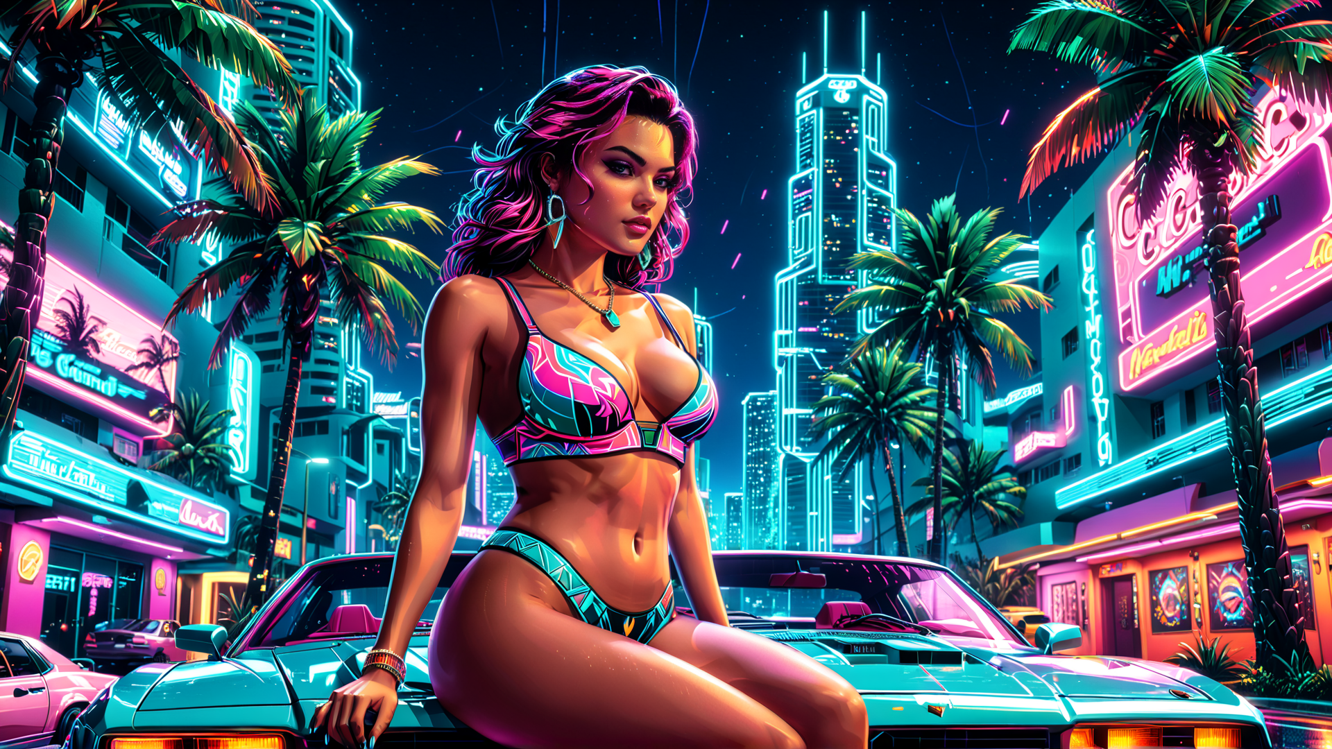 AI generated wallpaper featuring woman, car, palm tree