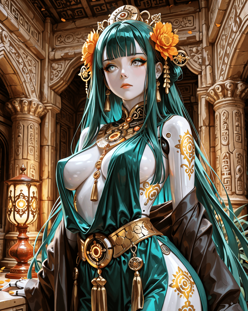 AI generated wallpaper featuring woman, ancient, goddess, dress, ornaments, floral, armor, columns, lantern, scroll