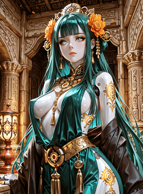 woman, ancient, goddess, dress, ornaments, floral, armor, columns, lantern, scroll