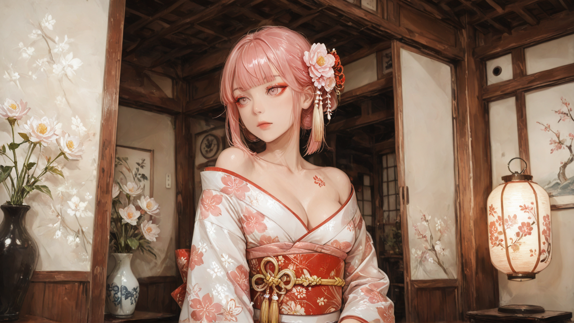 AI generated wallpaper featuring woman, kimono, flower, vase, lantern, room, cherry blossom, hairpin, tatami, wallpaper
