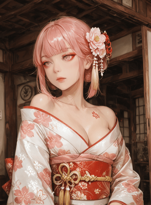 woman, kimono, flower, vase, lantern, room, cherry blossom, hairpin, tatami, wallpaper