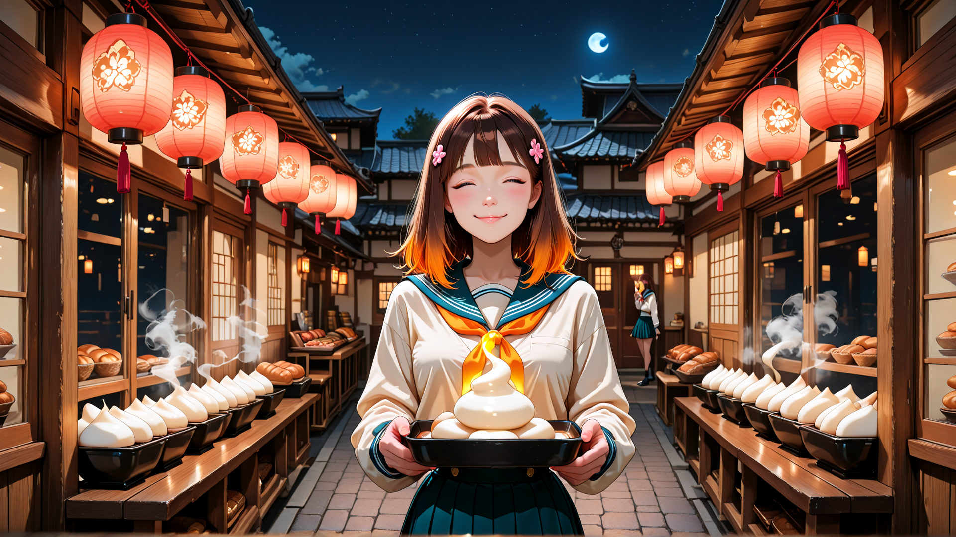 AI generated wallpaper featuring girl, lantern, bakery, mochi, street, sailor uniform, moon, building, food, bakery display