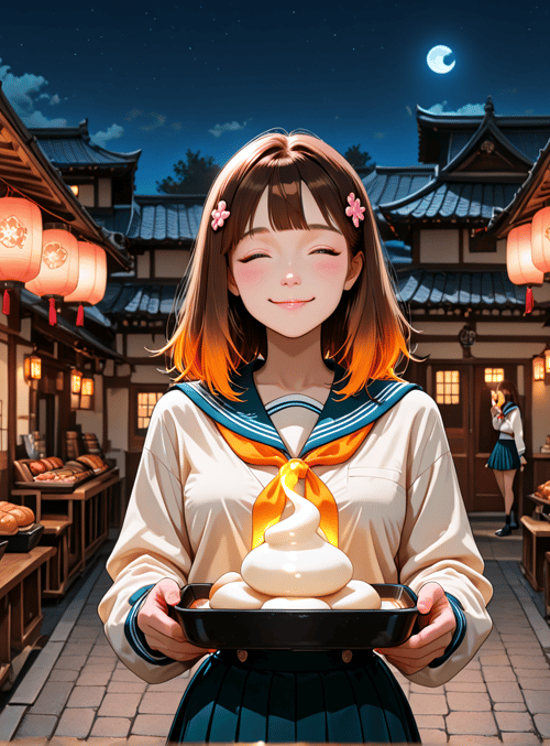 girl, lantern, bakery, mochi, street, sailor uniform, moon, building, food, bakery display