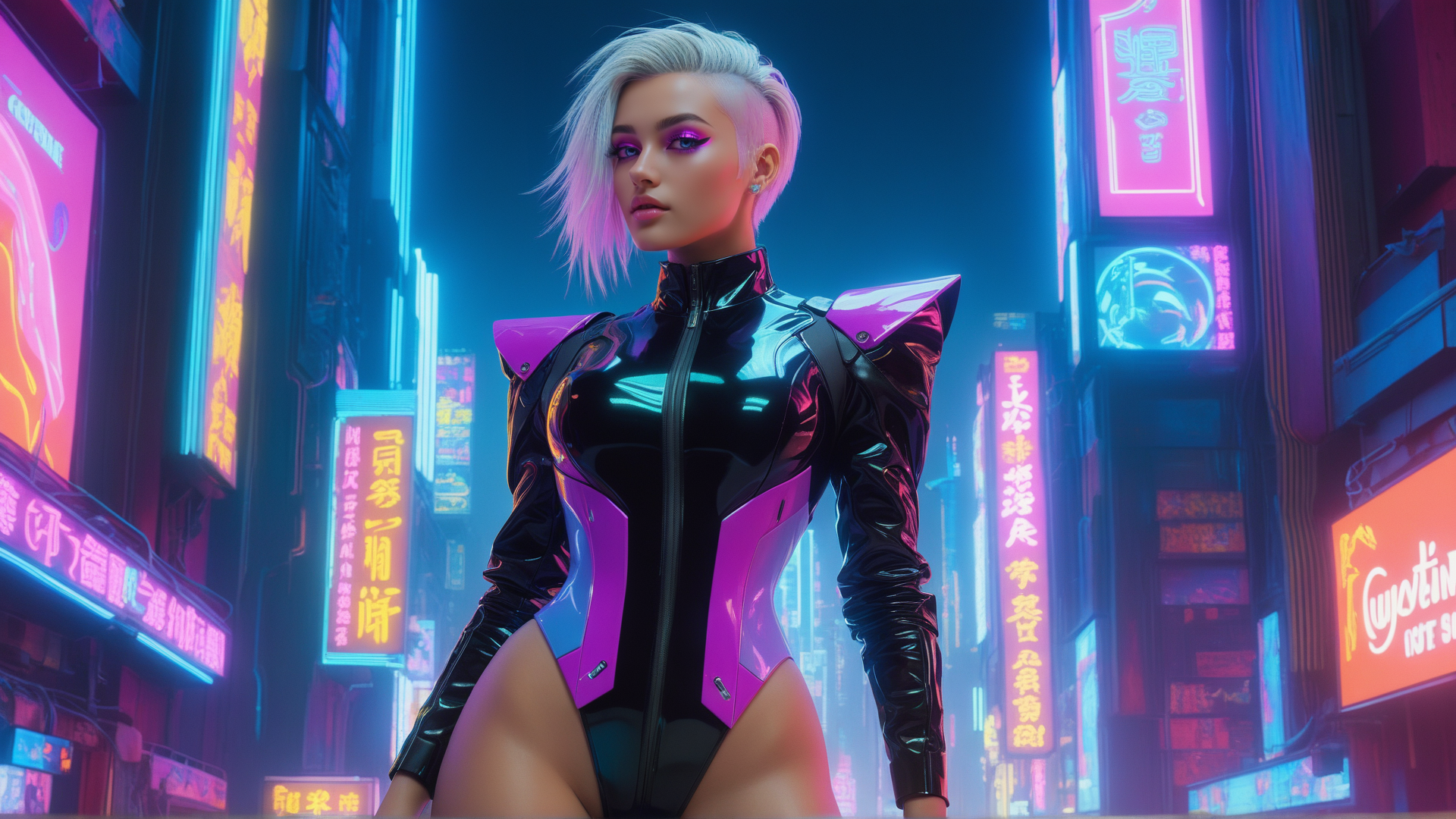 AI generated wallpaper featuring cyberpunk, woman, neon