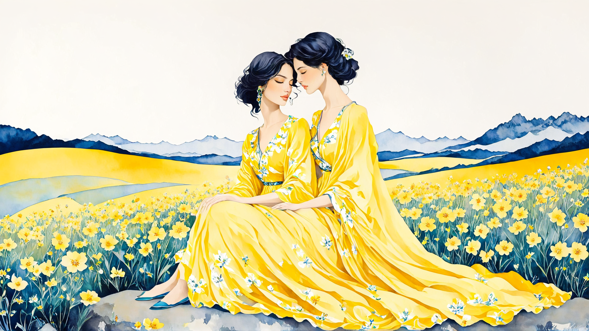AI generated wallpaper featuring women, dress, flowers, mountains, field