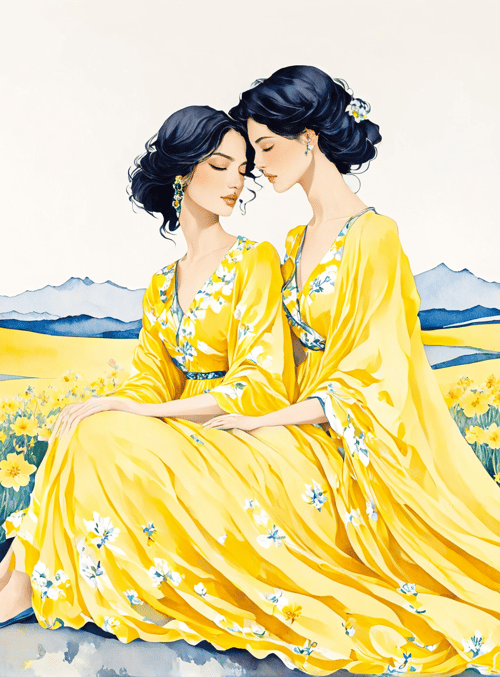 women, dress, flowers, mountains, field