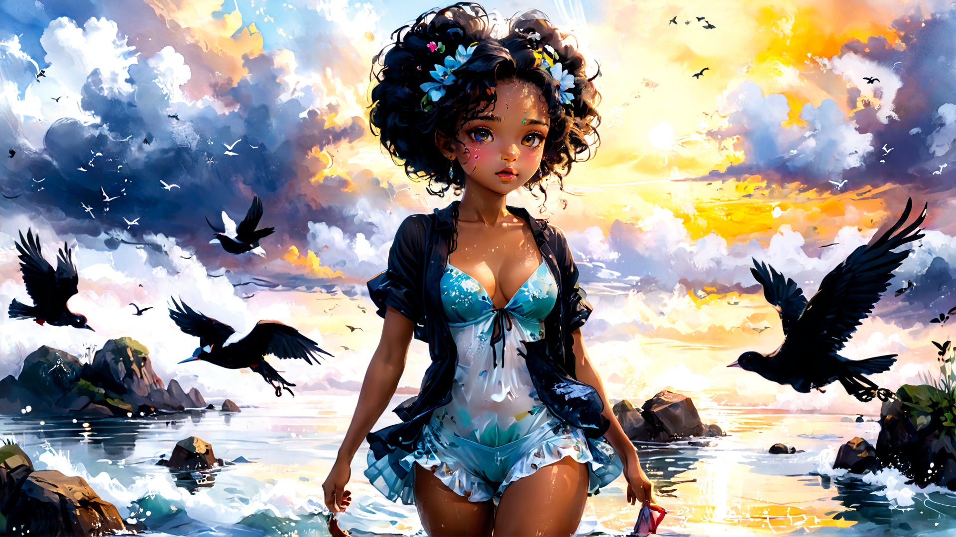 AI generated wallpaper featuring girl, birds, sea
