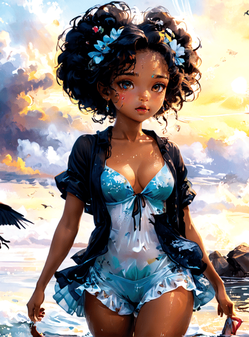 girl, birds, sea