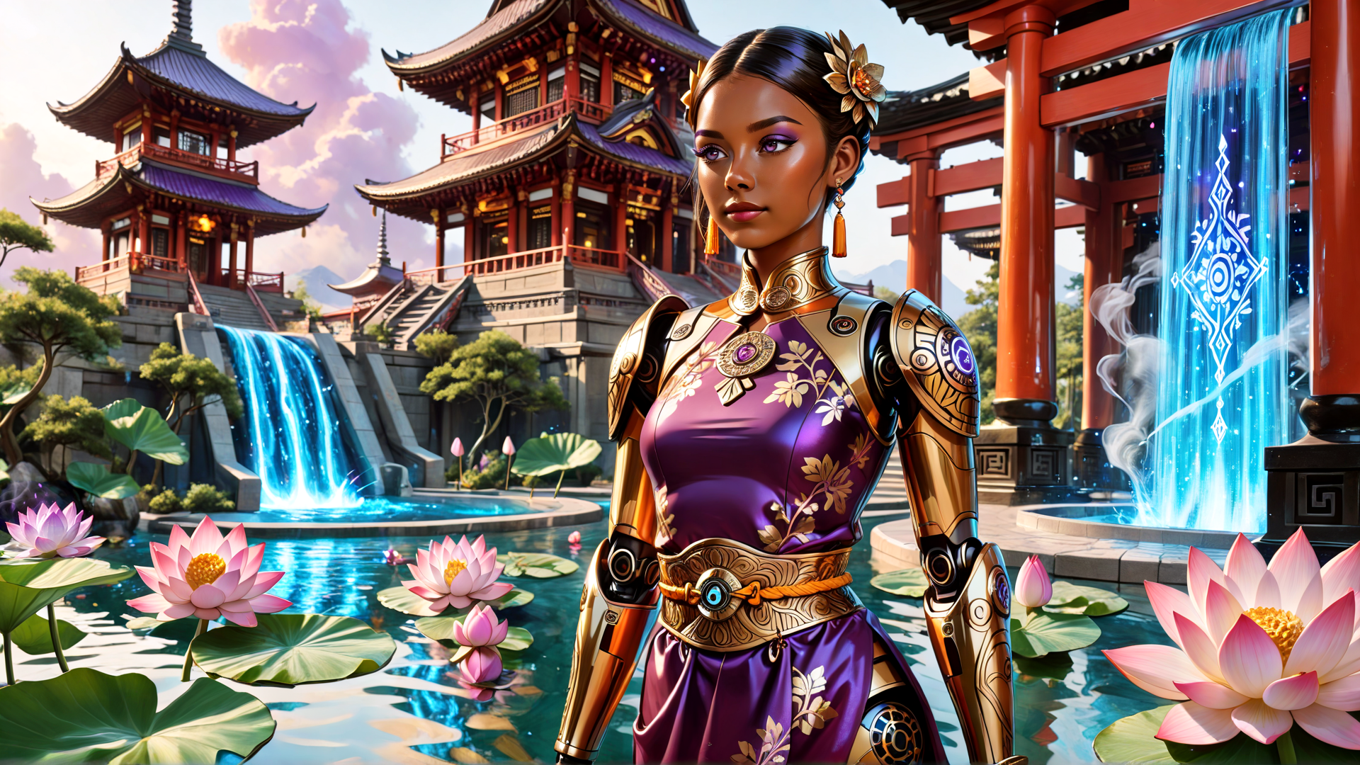 AI generated wallpaper featuring woman, robot, lotus, waterfall, temple, armor, cherry blossom, dragon, garden, building