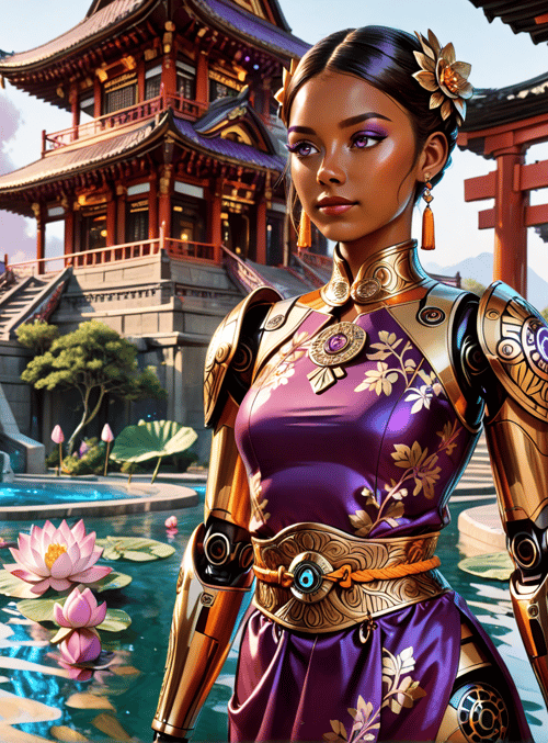 woman, robot, lotus, waterfall, temple, armor, cherry blossom, dragon, garden, building