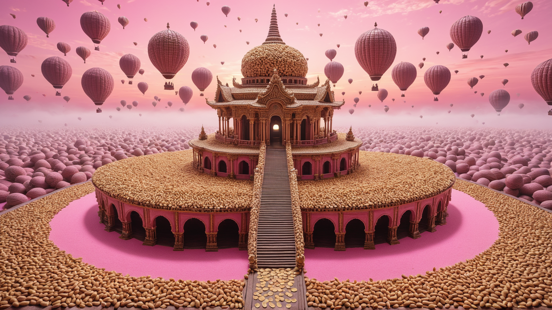 AI generated wallpaper featuring temple, hot air balloons, pebbles, sky, staircase, arches, dome, pink landscape, clouds, golden elements