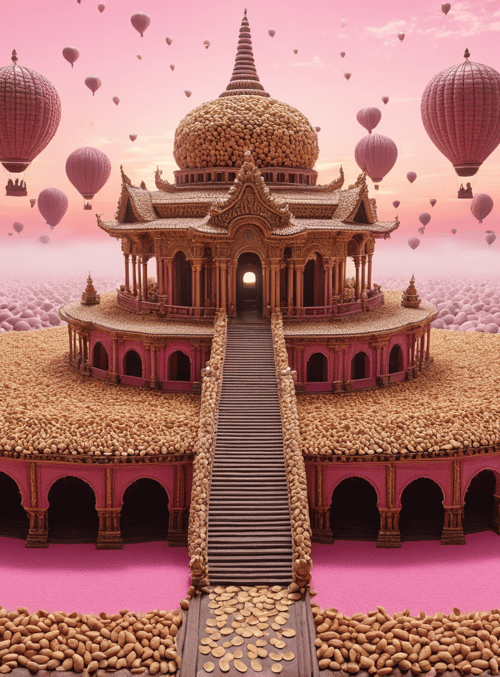 temple, hot air balloons, pebbles, sky, staircase, arches, dome, pink landscape, clouds, golden elements