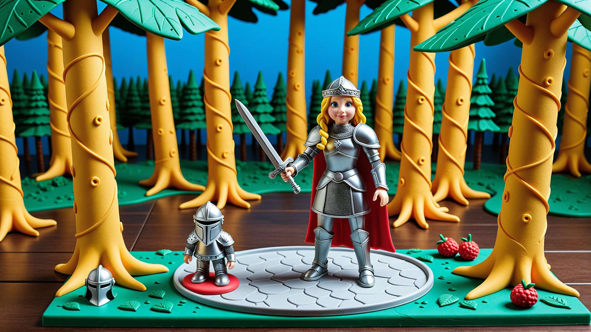 AI generated wallpaper featuring knight, sword, armor, trees, berries, helmet, cape, figurine, forest, toy