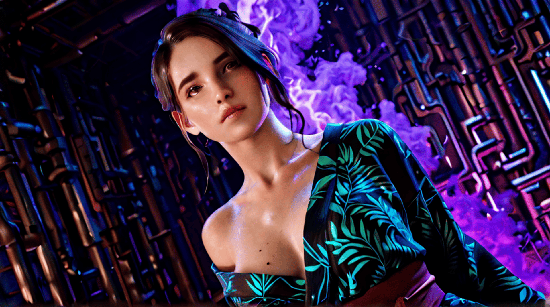 AI generated wallpaper featuring woman, cyberpunk, futuristic, neon, smoke