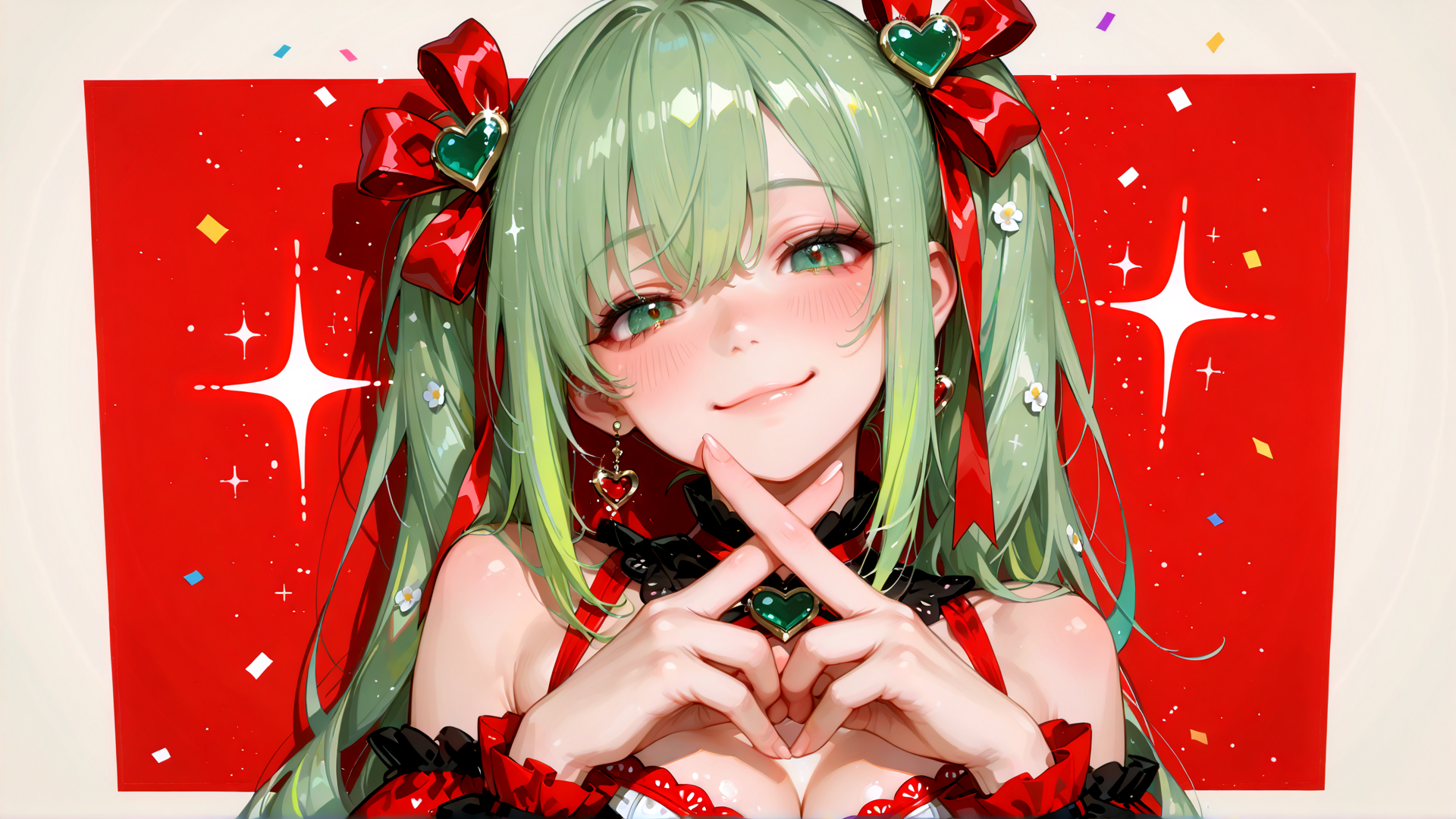 AI generated wallpaper featuring anime girl, green hair, red bow, heart, hands, flower, earring, choker, dress, sparkles