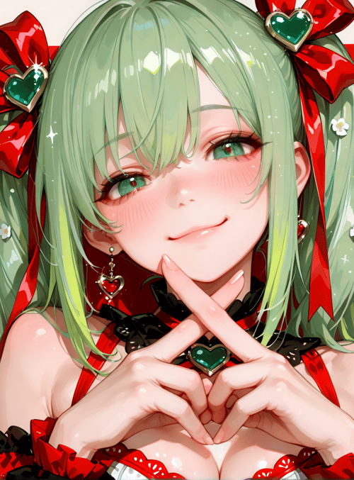 anime girl, green hair, red bow, heart, hands, flower, earring, choker, dress, sparkles