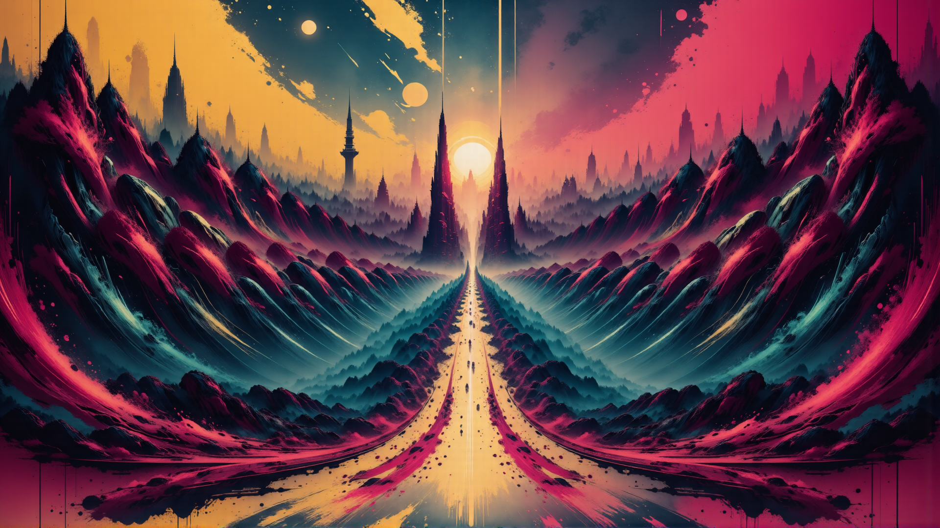 AI generated wallpaper featuring mountains, road, cityscape, sunset, sun, buildings, spires, sky, path, horizon