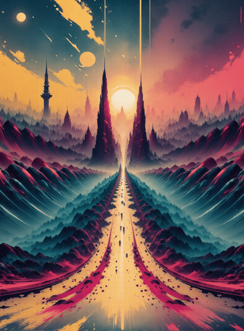 mountains, road, cityscape, sunset, sun, buildings, spires, sky, path, horizon