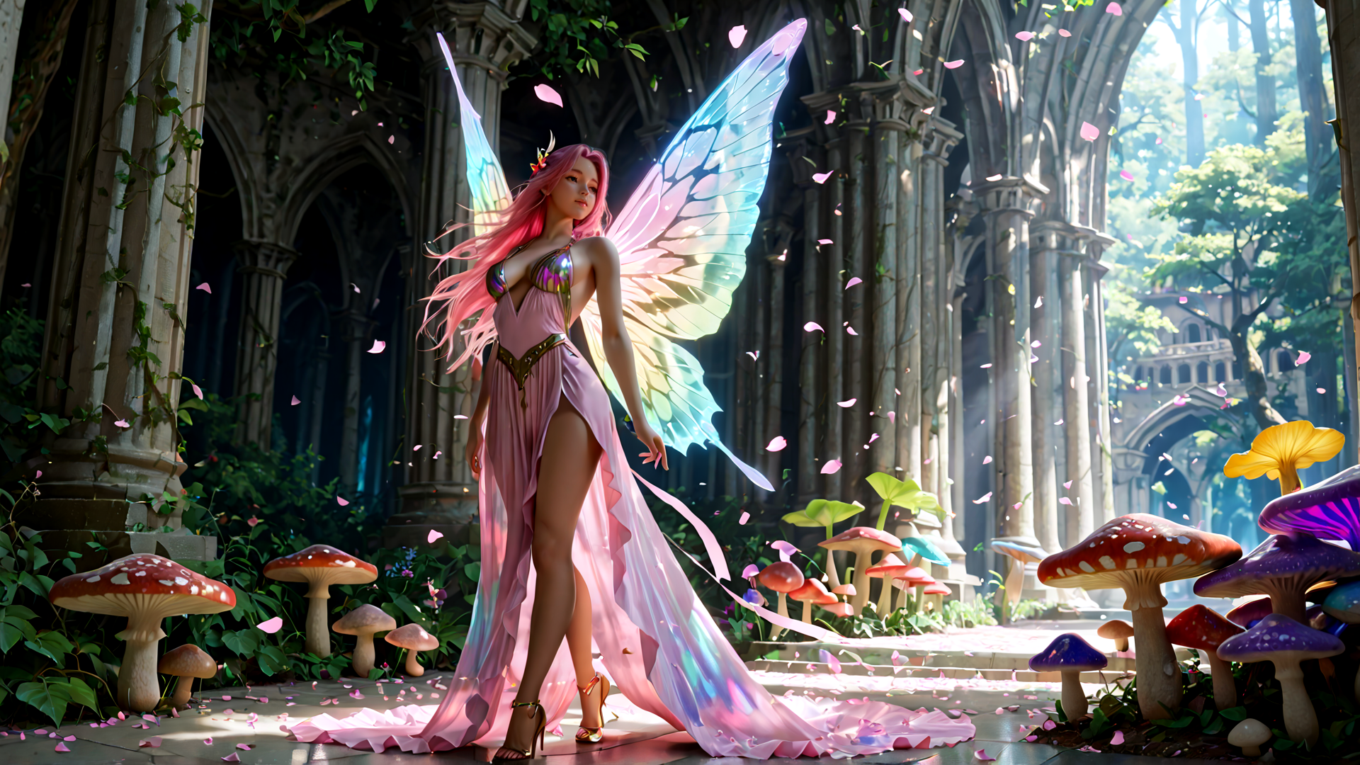 AI generated wallpaper featuring fairy, mushroom, cathedral, petals, wing, dress, column, tree, flower, shoe