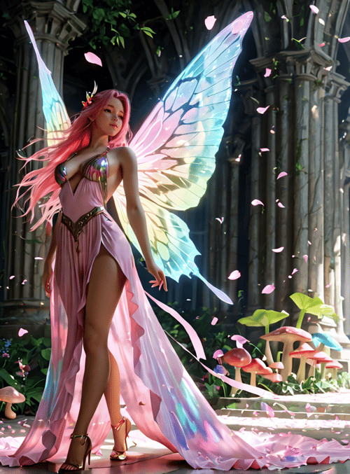 fairy, mushroom, cathedral, petals, wing, dress, column, tree, flower, shoe