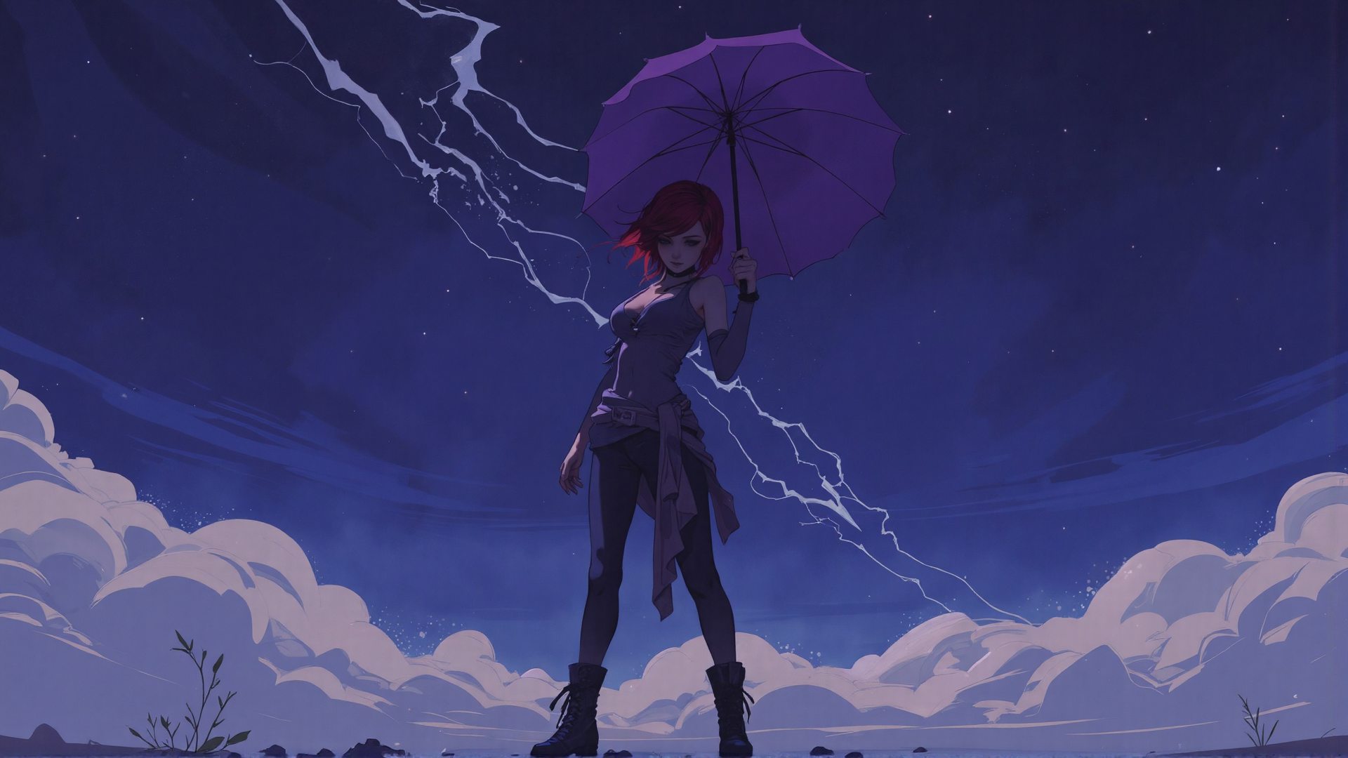 AI generated wallpaper featuring woman, umbrella, clouds, lightning