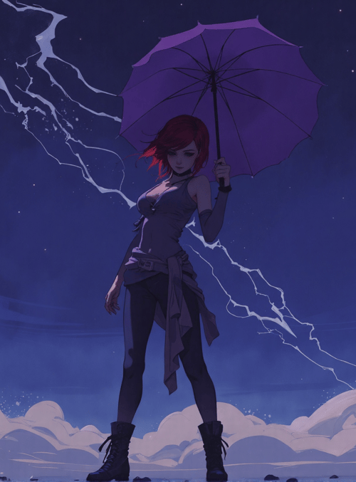 woman, umbrella, clouds, lightning