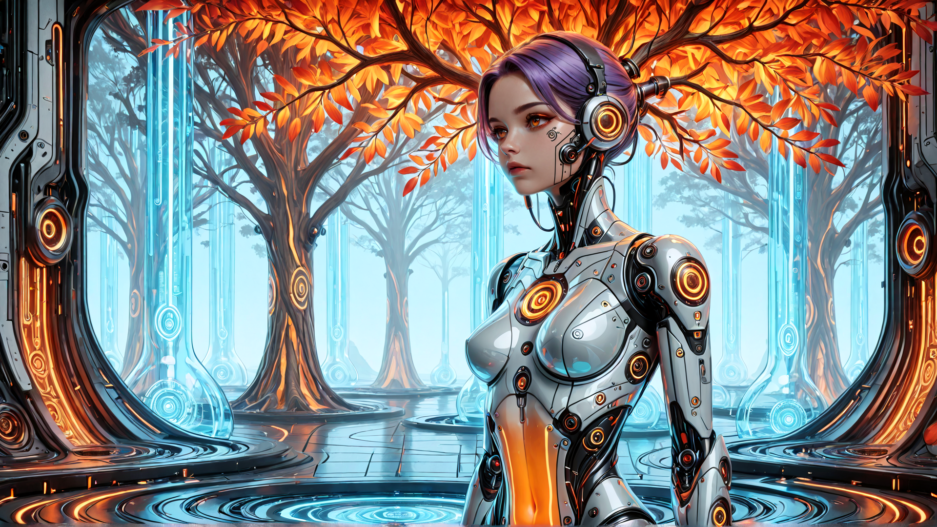 AI generated wallpaper featuring robot, tree, headset, cyberpunk, forest, glasses, machine, nature, futuristic, art