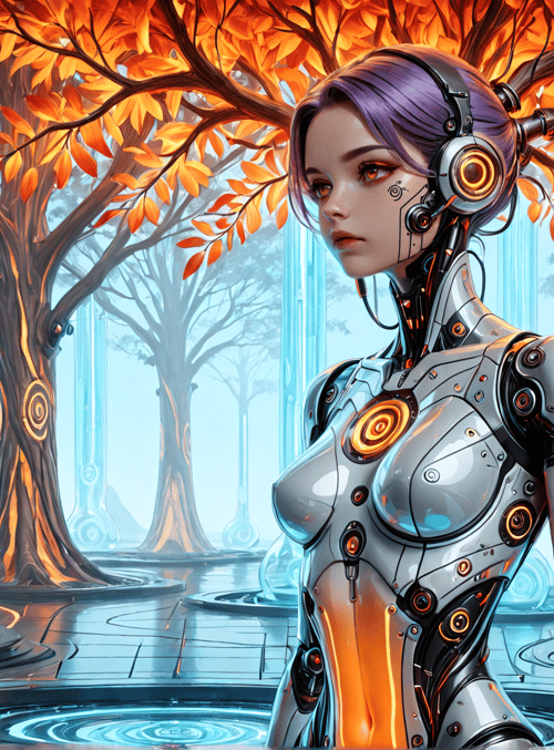 robot, tree, headset, cyberpunk, forest, glasses, machine, nature, futuristic, art