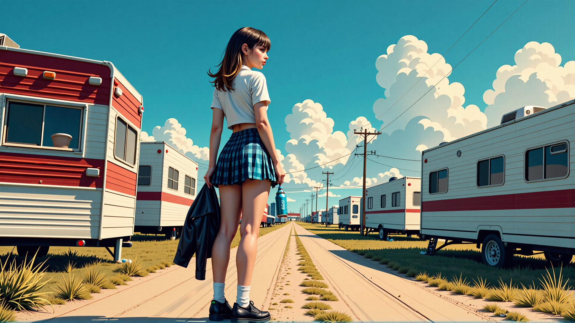 AI generated wallpaper featuring girl, camper, trailer, jacket, soda, skirt, shoes, socks, road, cloud