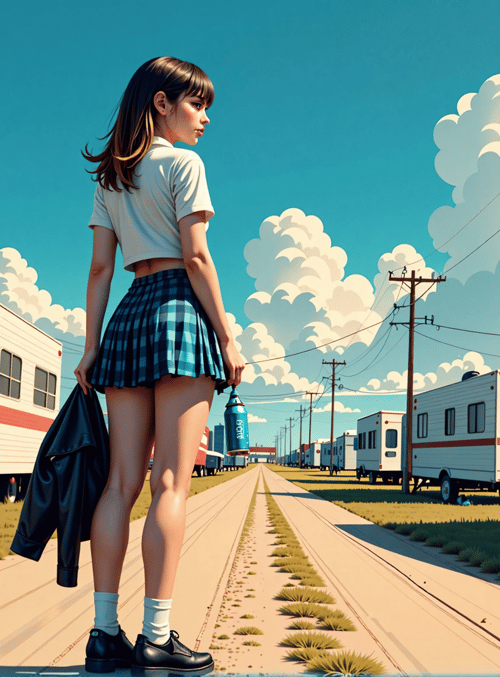 girl, camper, trailer, jacket, soda, skirt, shoes, socks, road, cloud
