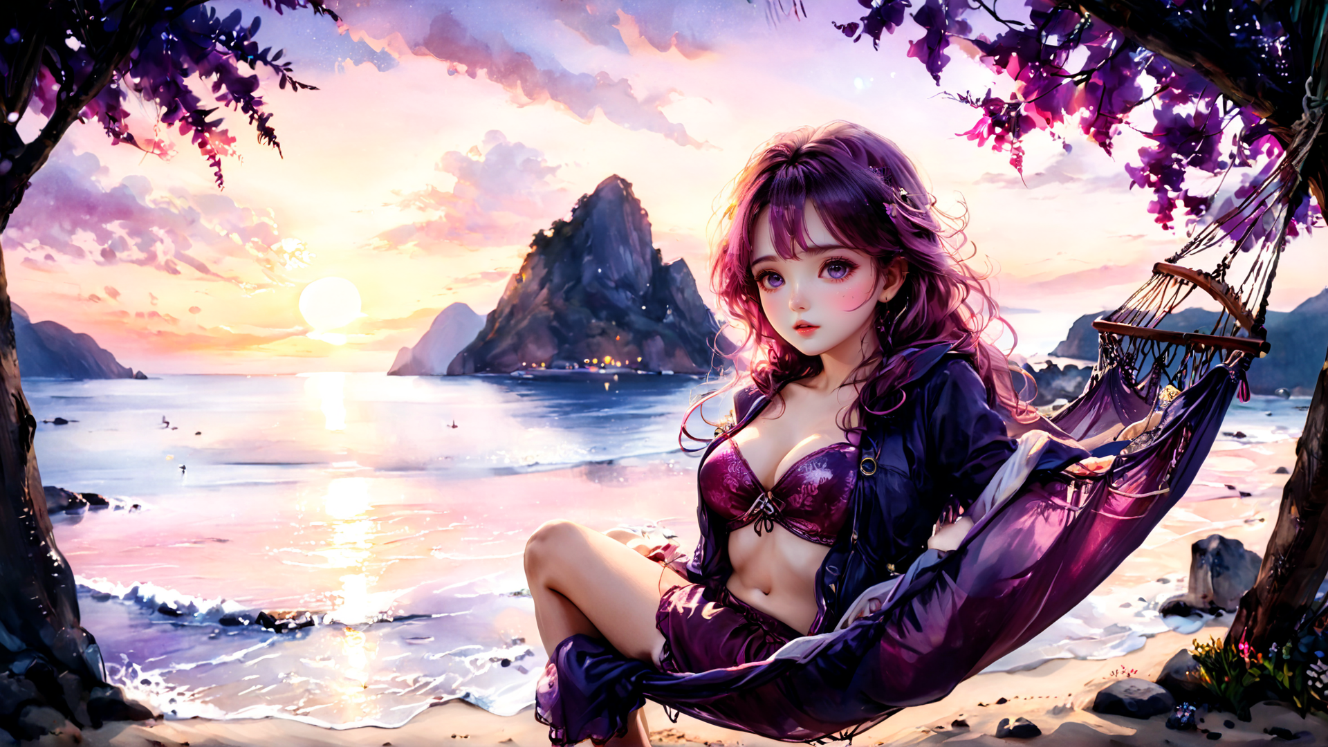 AI generated wallpaper featuring woman, hammock, beach