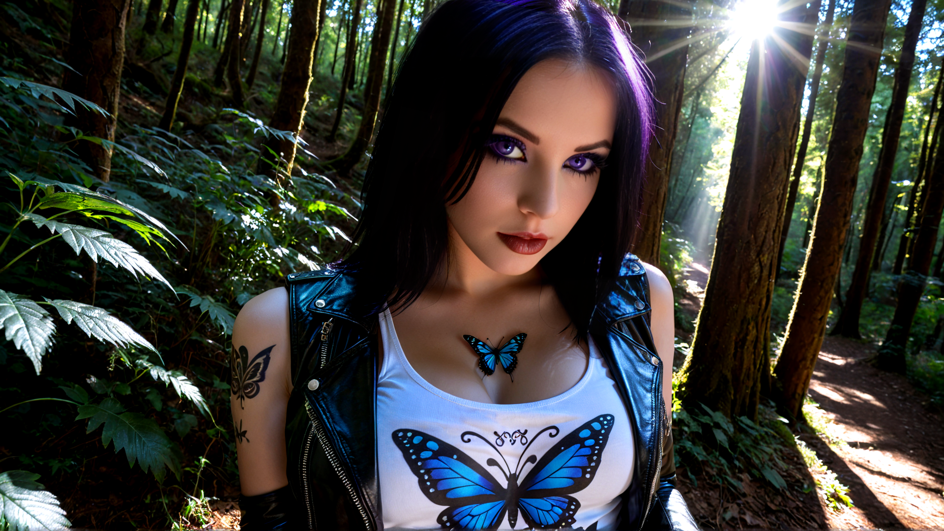AI generated wallpaper featuring woman, butterfly, forest