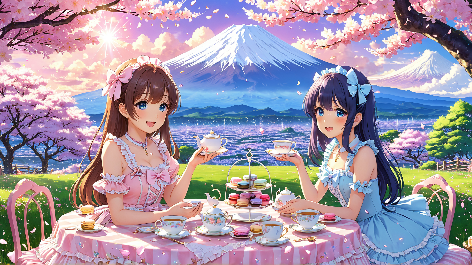 AI generated wallpaper featuring girls, tea, cherry blossoms